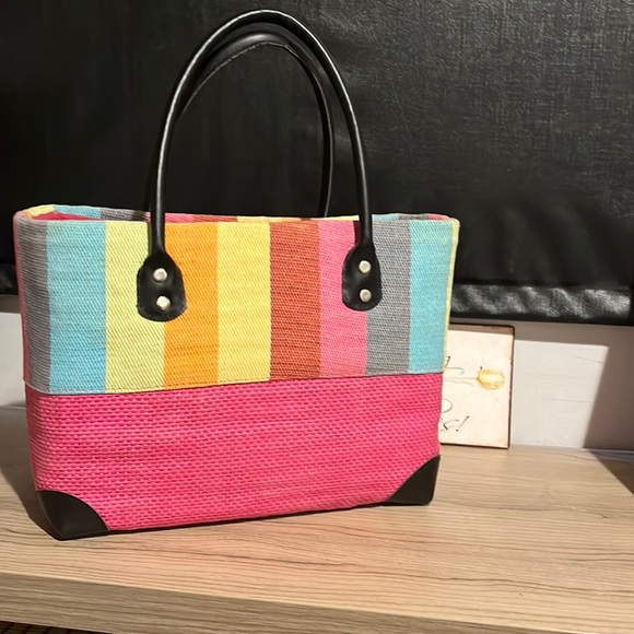 Colourful Weaved Purse/Tote/Carry-All w/Black Faux-leather Straps and Corners - Picture 1 of 9